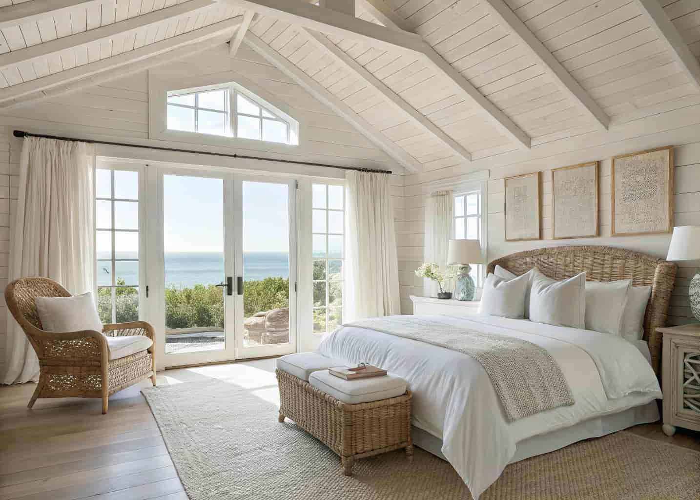 Bright coastal style bedroom with whitewashed plywood ceiling, visible wood grain beneath white wash paint, white linen bedding, rattan furniture, sheer curtains, natural morning light, photorealistic 4K photography, Hamptons interior style