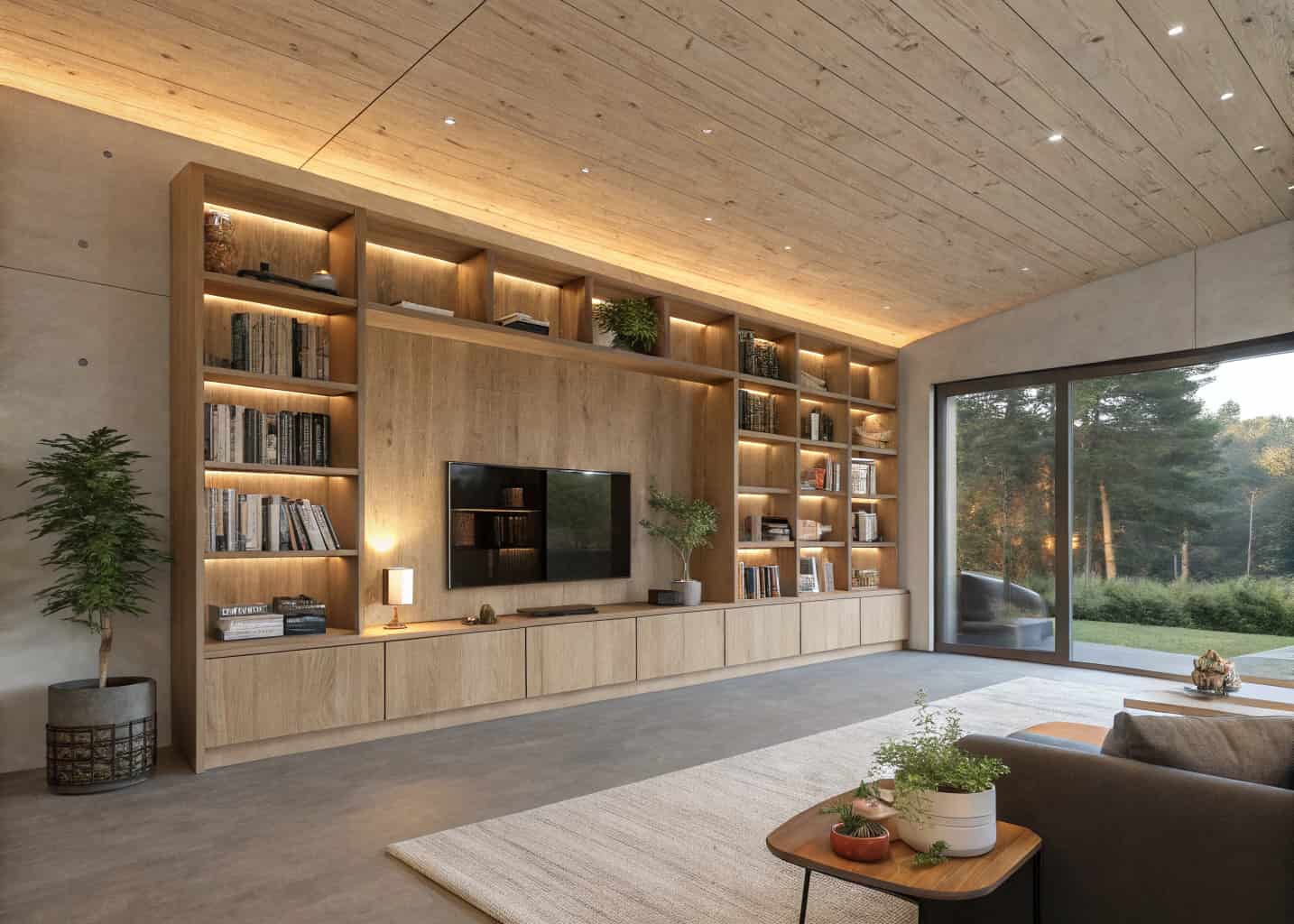 Modern living room with plywood ceiling that integrates built-in wooden shelving units along one wall, books and plants on display, warm lighting, minimalist interior design, natural wood tones, photorealistic 4K architectural render