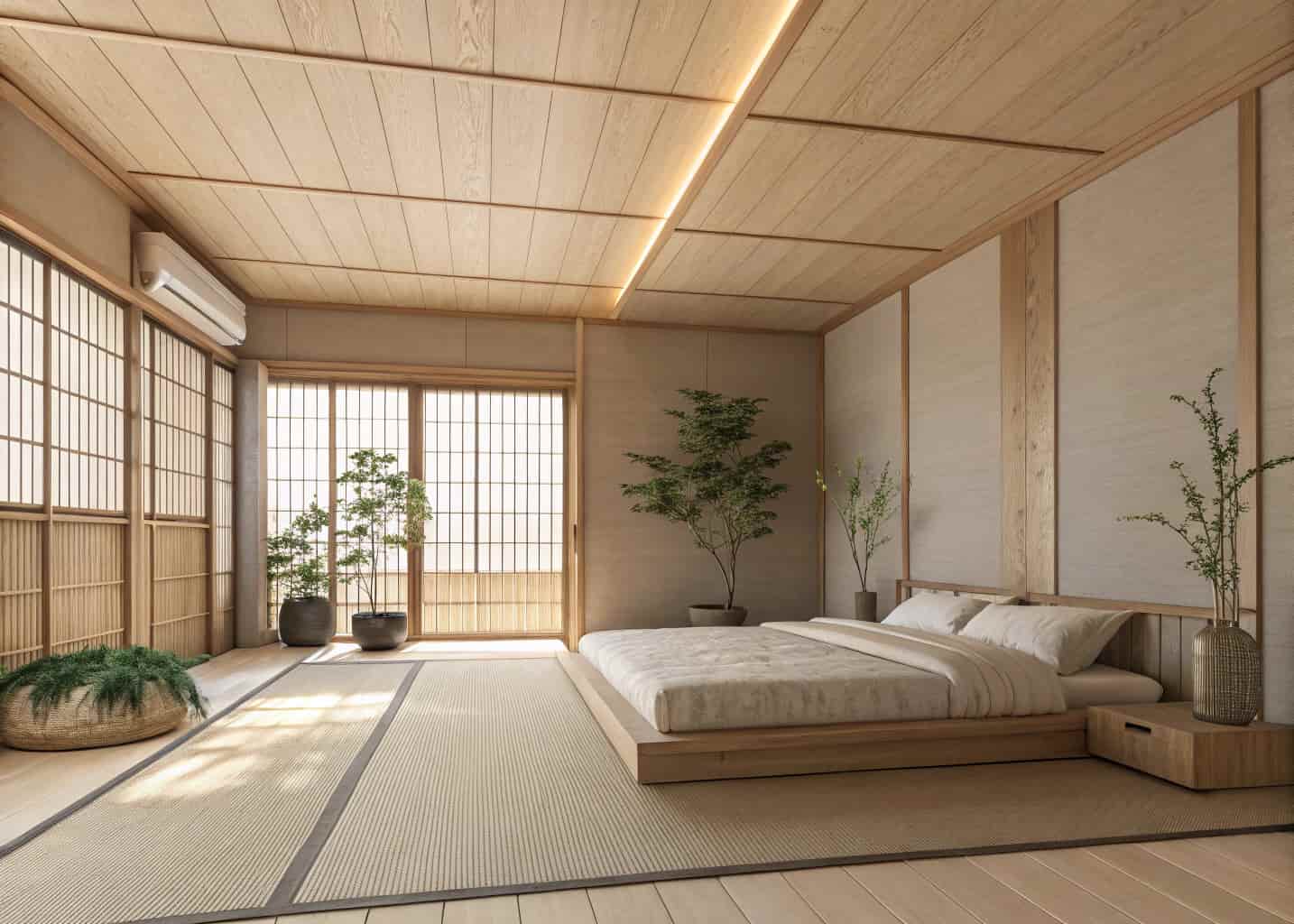 Minimalist Japanese Japandi style bedroom with thin plywood strip ceiling, natural unfinished wood, neutral warm tones, low platform bed, indoor plants, shoji style window, soft diffused natural light, photorealistic 4K photography