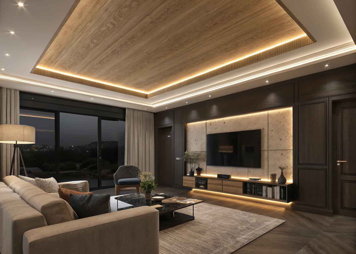 Luxury living room with plywood ceiling featuring hidden LED cove lighting along all edges, soft warm indirect glow making the ceiling appear to float, modern high-end interior, dark walls, statement furniture, photorealistic 4K render, dramatic evening atmosphere